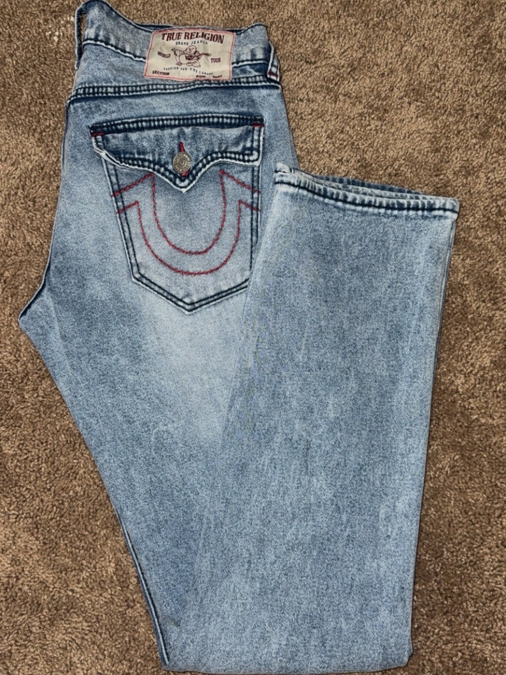 True Religion Ricky Relaxed Straight Jeans in Light Blue with Red Accent